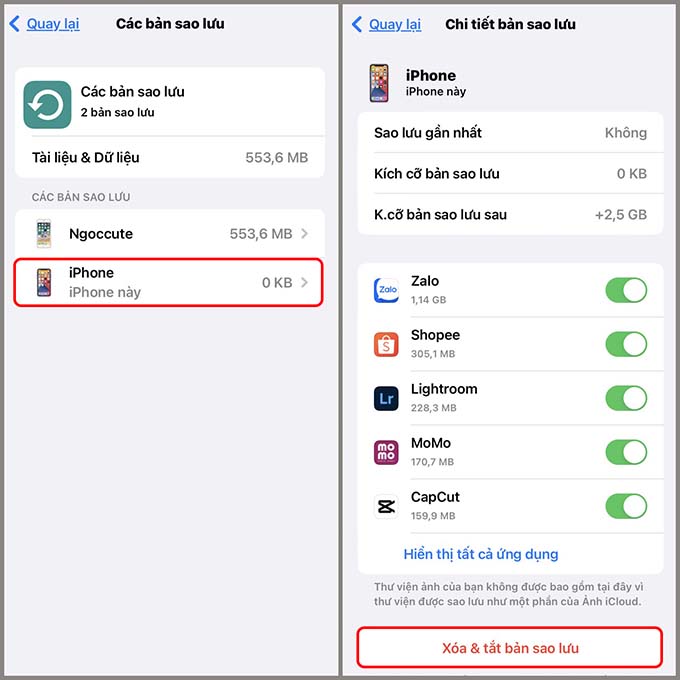 Tắt sao lưu ảnh iCloud và ứng dụng