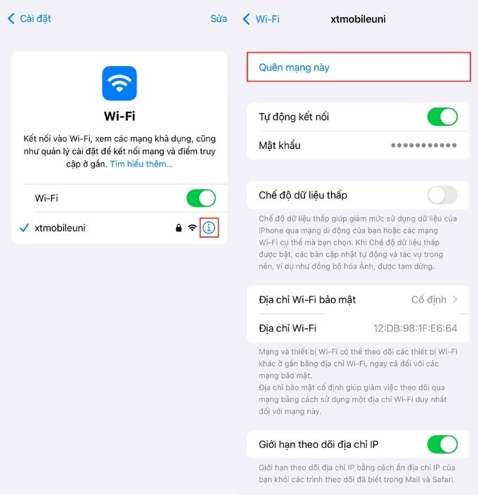 Tắt bật Wifi và quên mạng Wifi để kết nối lại