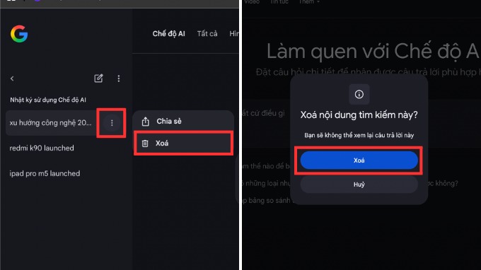 Cách xóa lịch sử tìm kiếm trong chế độ AI