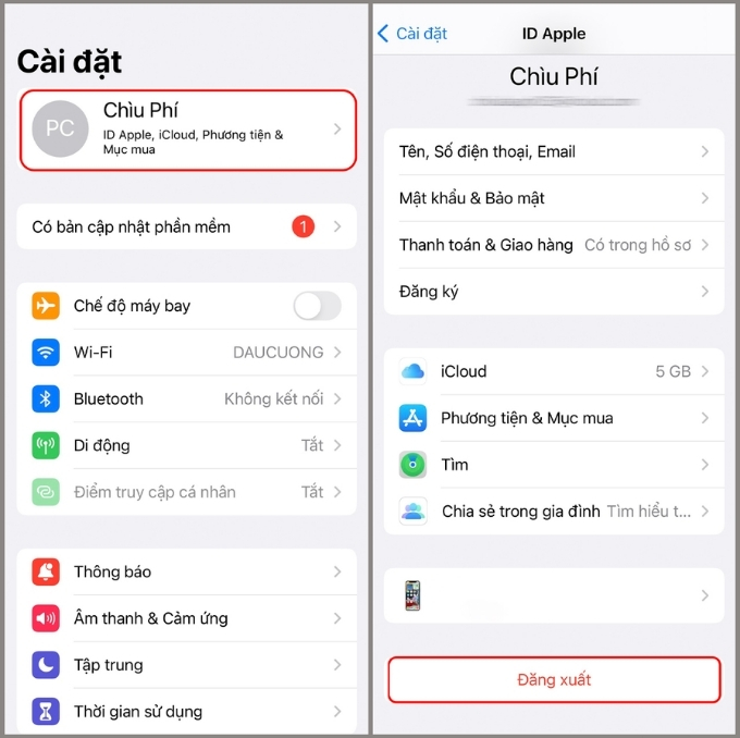 Đăng xuất iCloud trên thiết bị iPhone