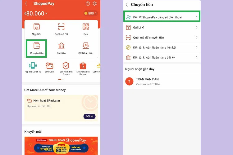 Chuyển tiền đến ví ShopeePay khác bằng số điện thoại