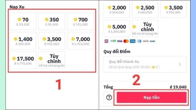 Chọn số xu cần nạp trên TikTok