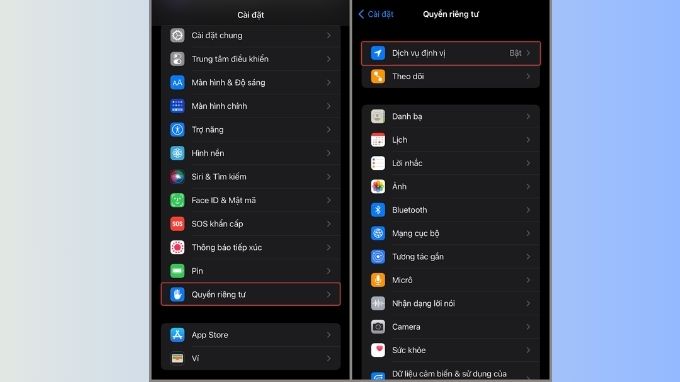 Vào mục Quyền riêng tư và chọn Dịch vụ định vị