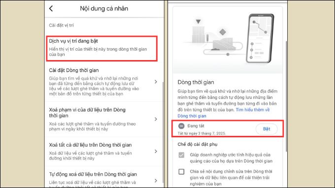 Quay lại mục Cài đặt Dòng thời gian và bật tính năng Kiểm tra vị trí