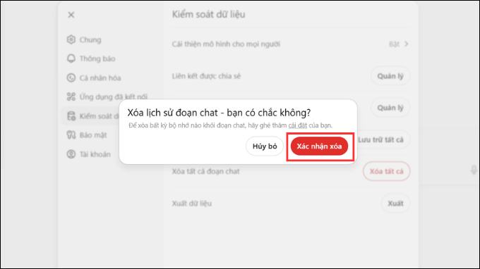 Chọn xác nhận xóa lịch sử trên ChatGPT