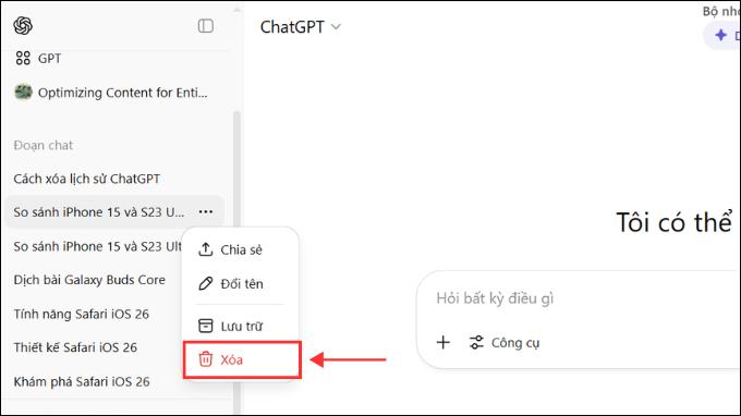 Cách xóa một đoạn chat trên ChatGPT