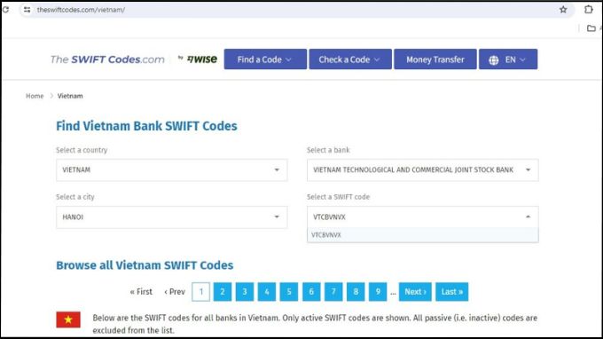 Cách tra cứu mã Swift code Techcombank