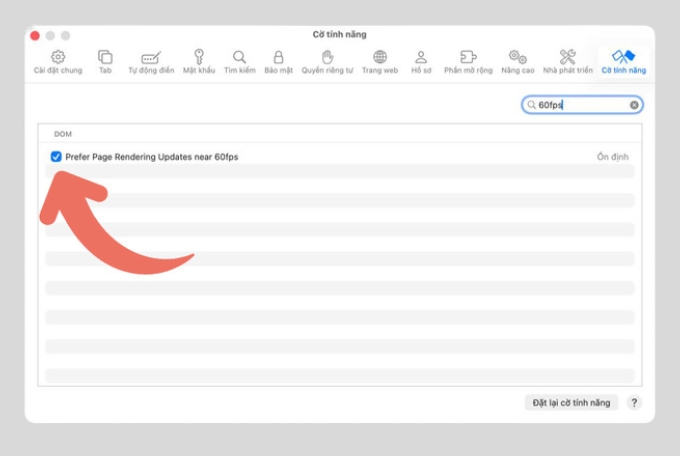 Bỏ dấu tích tại tùy chọn Prefer Page Rendering Updates near 60fps
