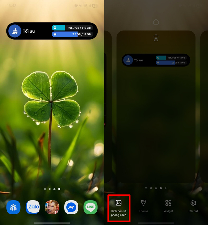 Tại màn hình chính, nhấn giữ vào vùng trống bất kỳ trên màn hình chờ
