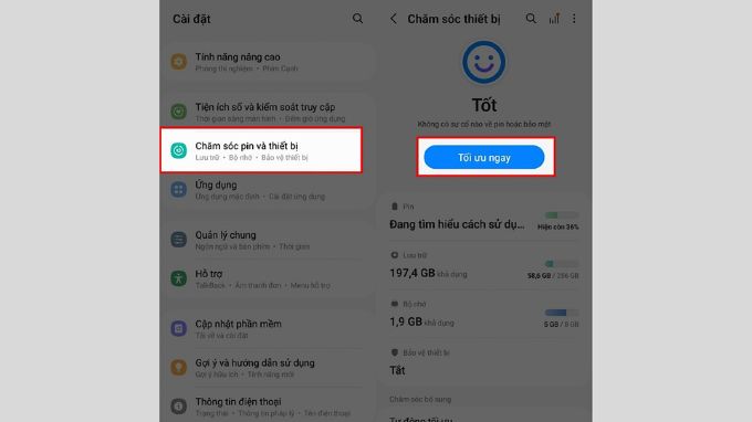 Xóa bộ nhớ đệm bằng tính năng tối ưu hệ thống của Samsung