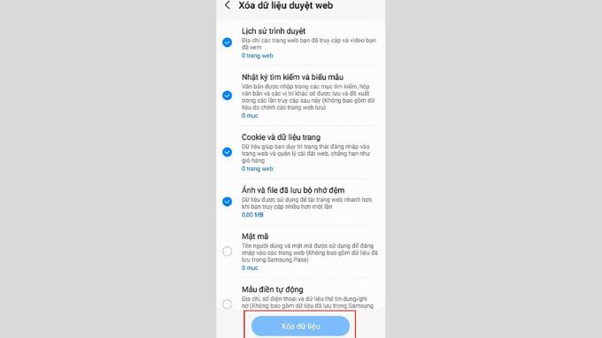 Xóa bộ nhớ đệm trong trình duyệt Internet trên Samsung