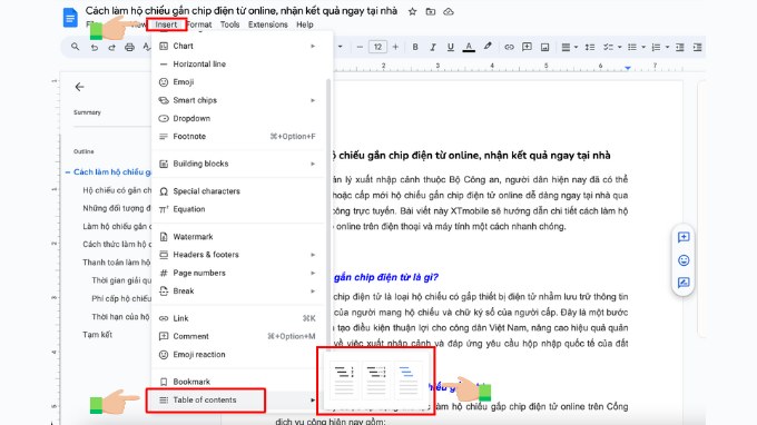 Bước 1 tạo bảng mục lục trên Google Docs