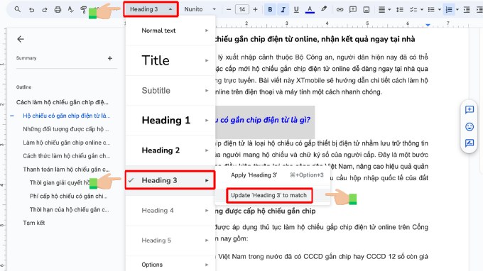 Bước 3 thay đổi định dạng tiêu đề trên Google Docs