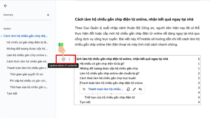 Cách 1 cập nhật bảng mục lục trên Google Docs