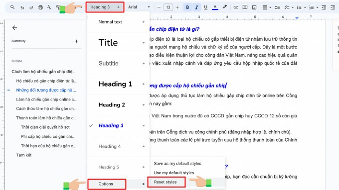 Đặt lại định dạng tiêu đề trên Google Docs