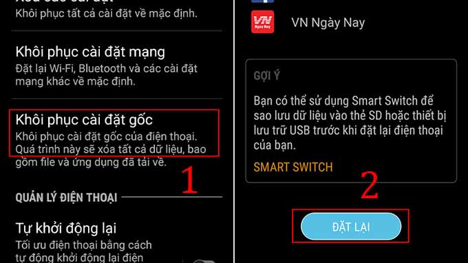 cách reset điện thoại Samsung trong mục cài đặt